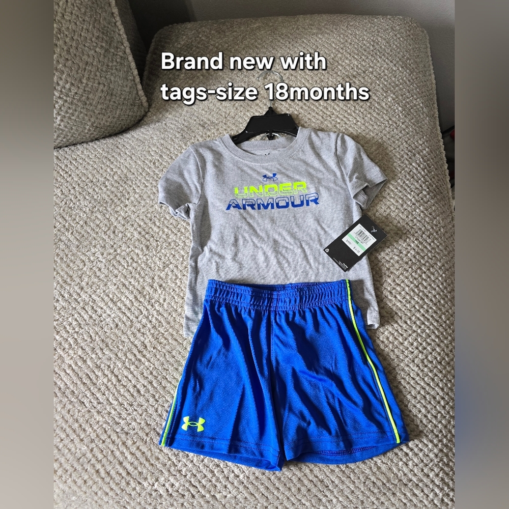 Under Armour Gray Tee & Royal Blue Shorts with Neon Yellow Accents